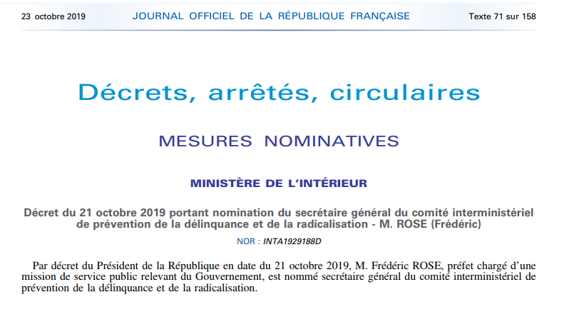 M. Frédéric ROSE, préfet, nommé secrétaire général du Comité interministériel de prévention de la délinquance et de la radicalisation