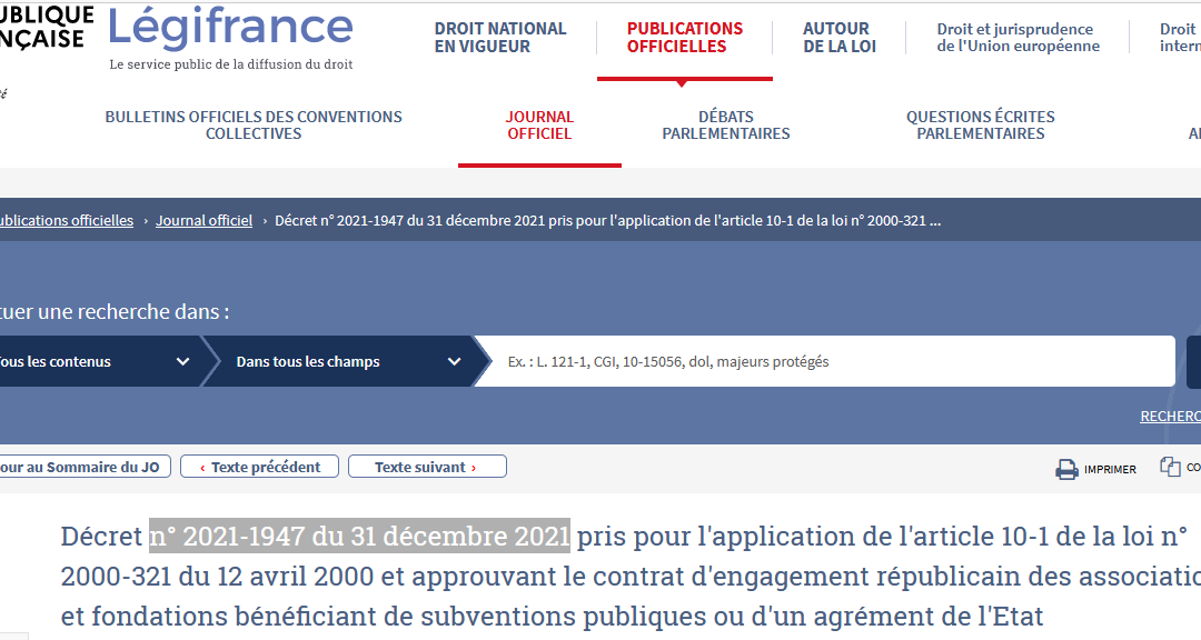 Décret du 31 décembre 2021 approuvant le contrat d’engagement républicain.