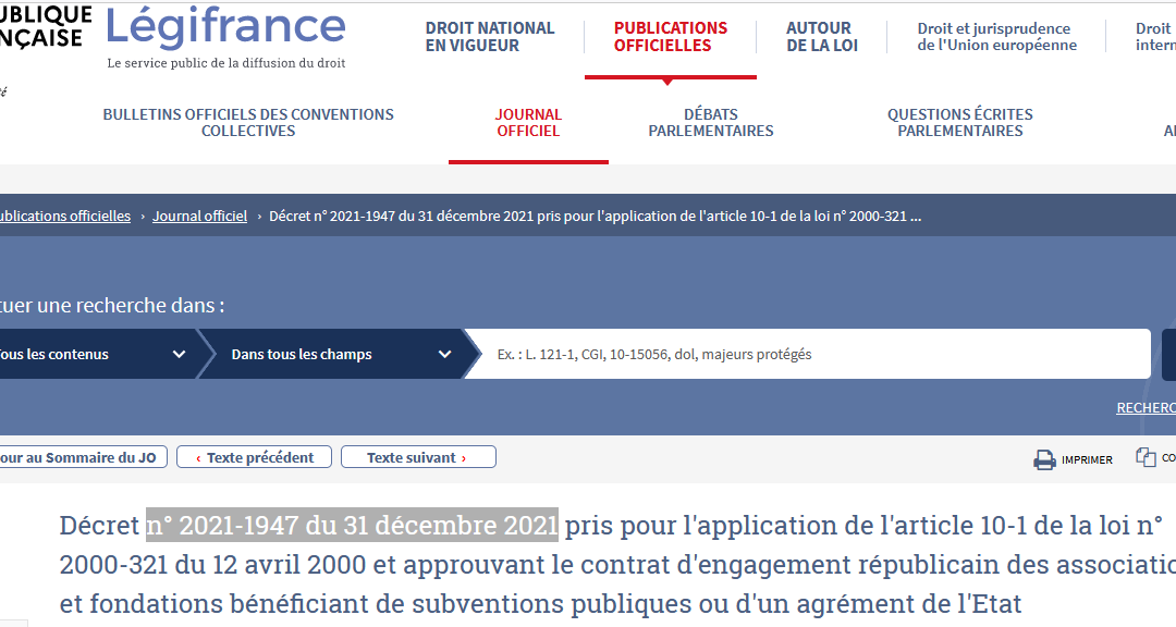 Décret  du 31 décembre 2021 approuvant le contrat d’engagement républicain.