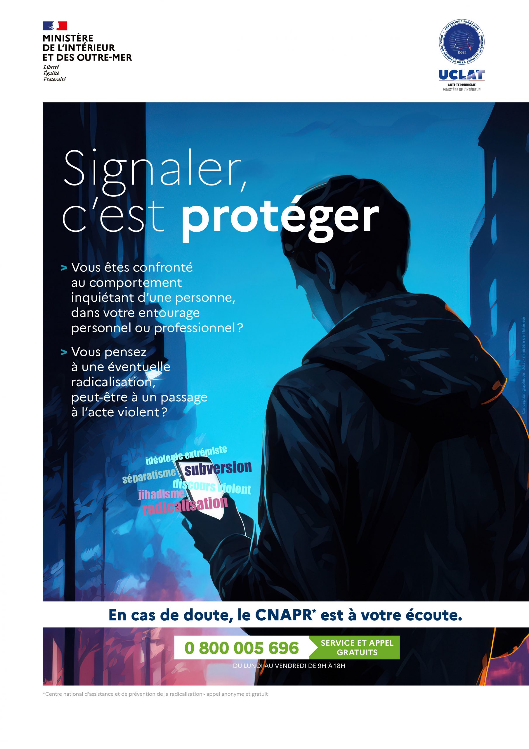 Affiche "Signaler c'est protéger" avec le numéro vert 0 800 005 696